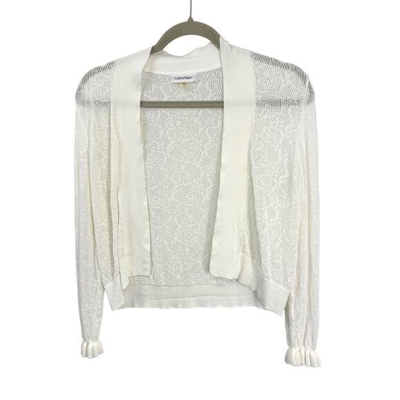 Calvin Klein Small White Lace Cropped Cardigan Sheer Ruffle Cuff Soft Romantic - Picture 1 of 9